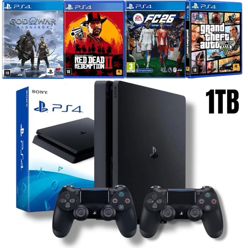 Console PlayStation 4 Slim 1TB + 4 Jogos Aleatórios CD + 2 Controles - Com Caixa