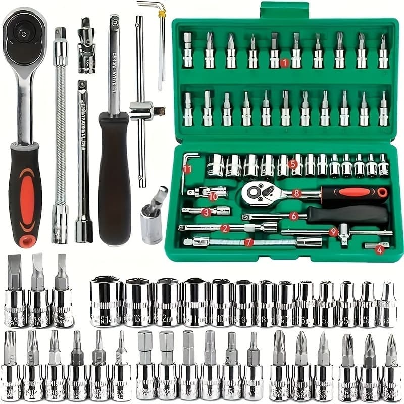 46 Peças Verde Kit Chaves Jogo Catraca Reversível Soquetes Maleta