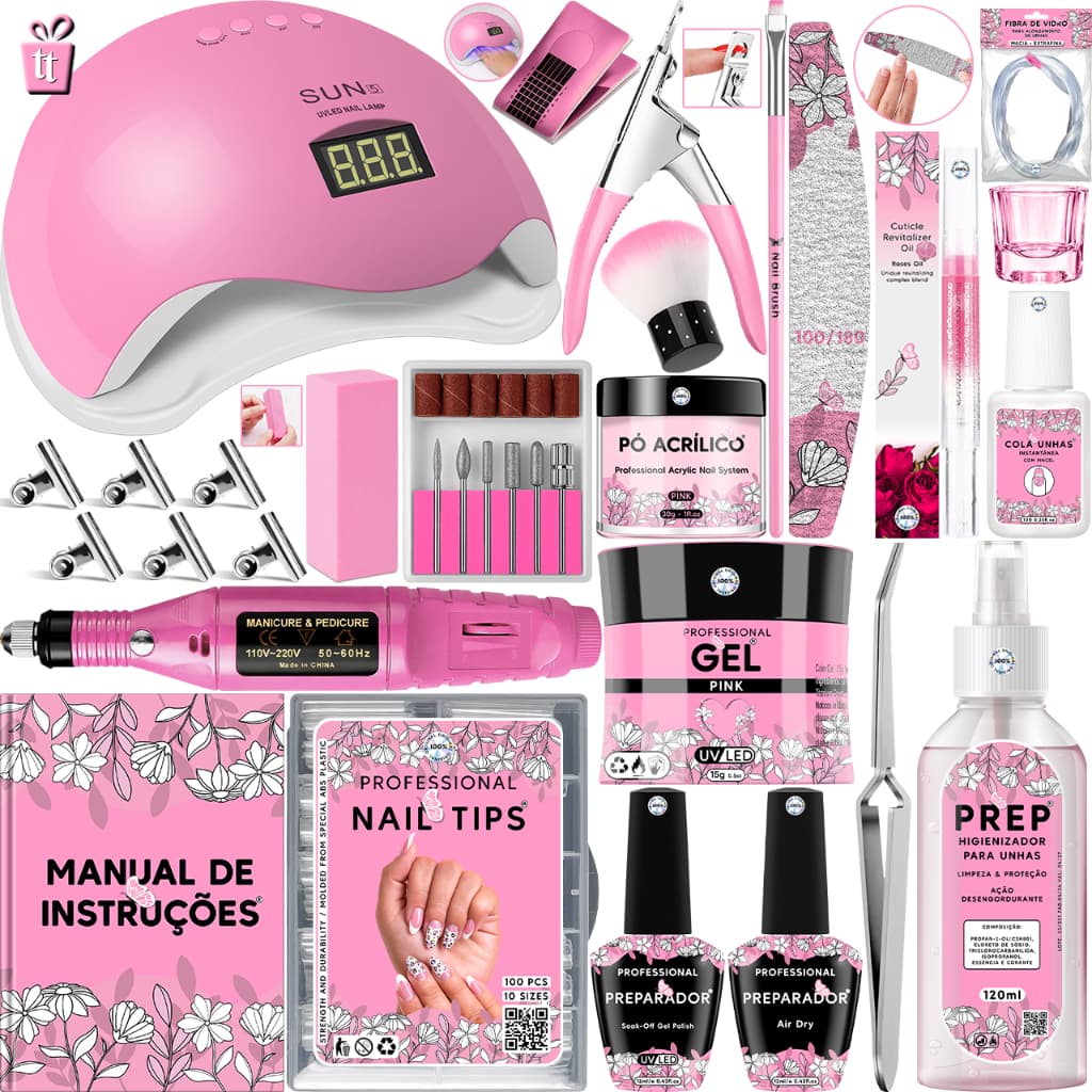 Kit Unhas de Gel Cabine Sun 5 LED UV 48w Digital Lixadeira Elétrica Caneta 20.000 RPM Molde Lixa Broca Presilha