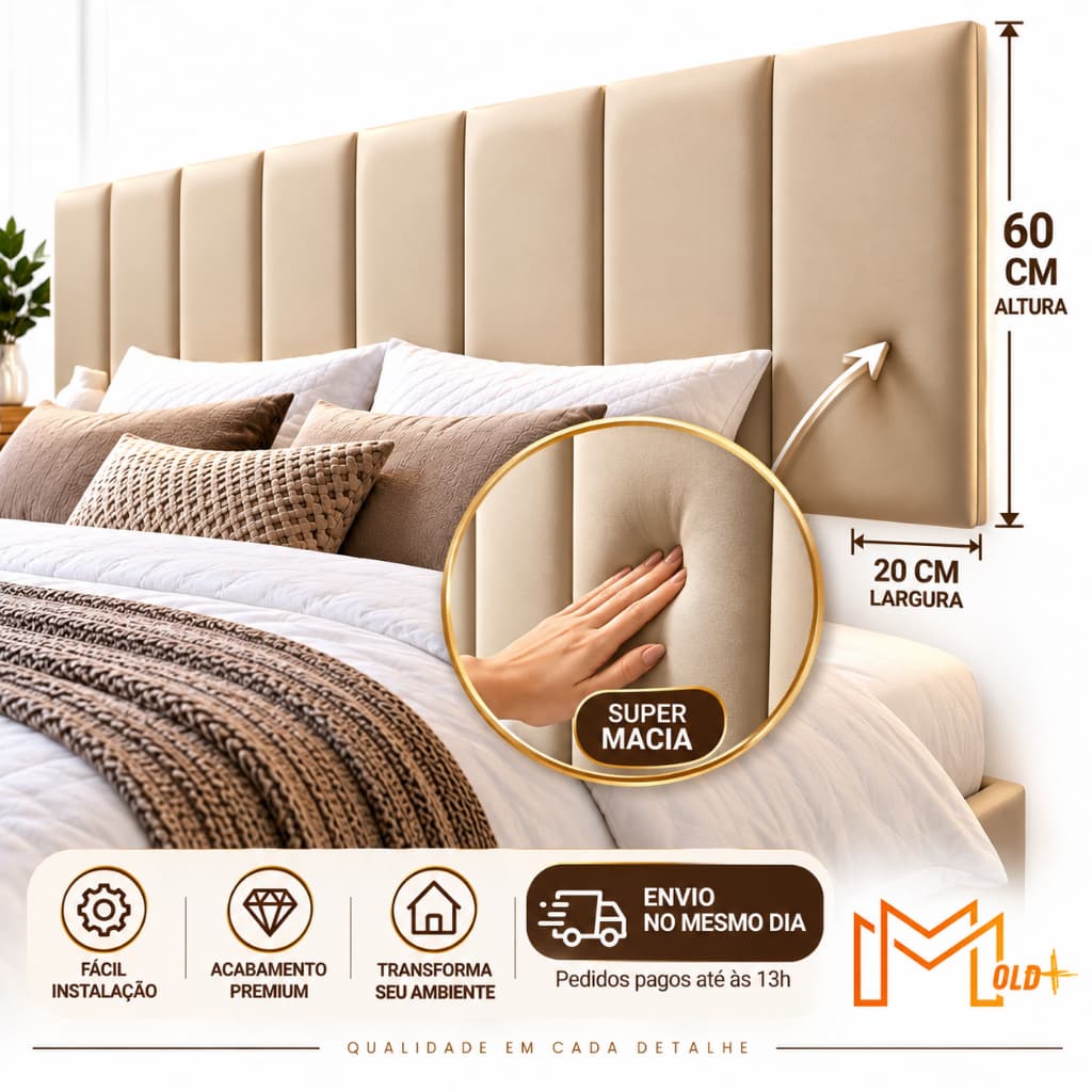 Kit Até 12 Peças Cabeceira Modular Estofada 60x20cm Adesiva Cama Box Solteiro Casal Queen King Envio Full