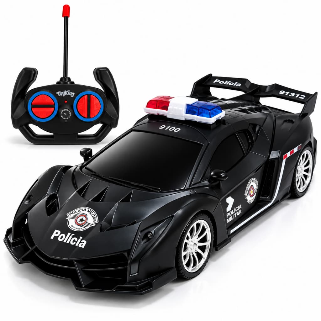 Carrinho de Polícia Controle Remoto Infantil menino brinquedo corrida branco e preto