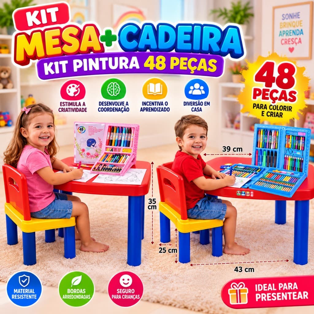Kit Mesa Infantil + Cadeira + Kit Pintura 48 Peças Educativo Material Escolar Criança Menino Menina