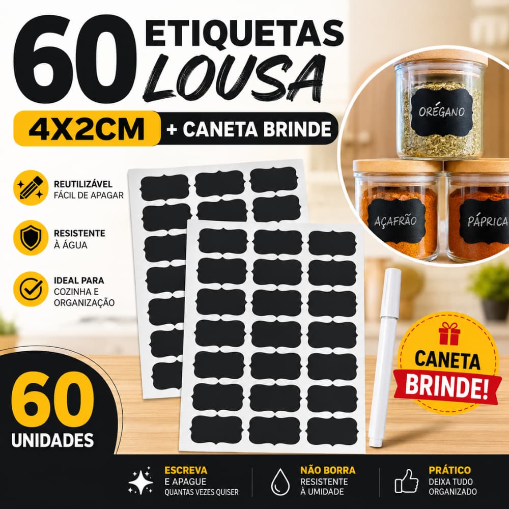 KIT 60 Etiquetas Lousa Adesivas Preta+Caneta Giz Liquido Branca Tempero Limpeza Potes Organizador