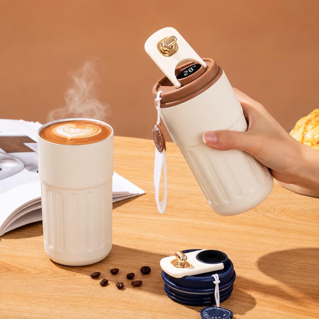 Copo Térmico Cafe 450ml Inox com Display Digital Tampa com Trava Mantém Temperatura Para Café e Chá