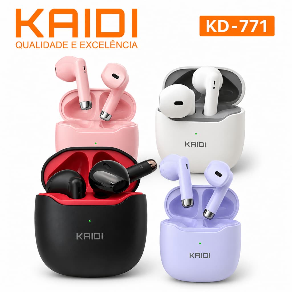 Fone de Ouvido Bluetooth In-Ear Tws 5.4 Kaidi KD-771 Original Sem Fio IPX4 Cores