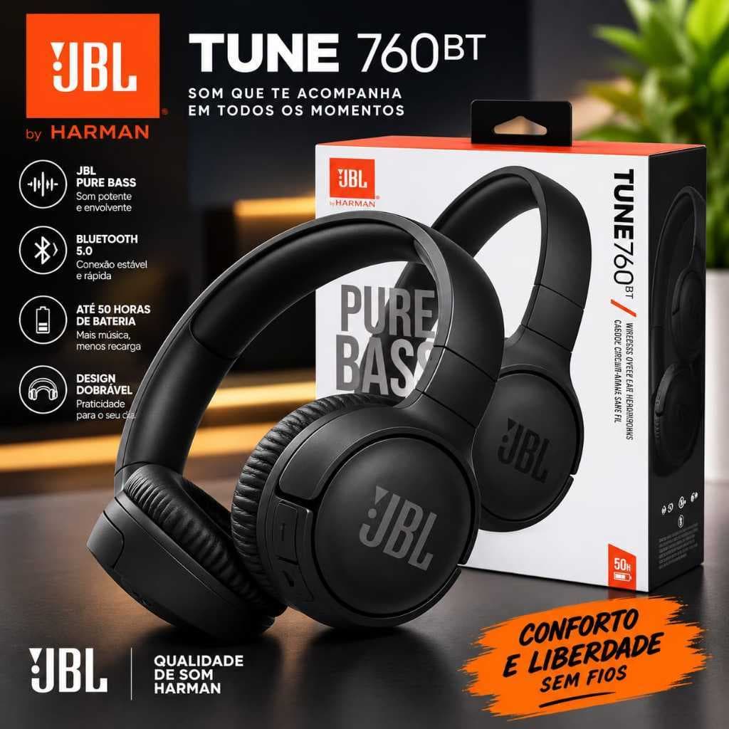 Fone de ouvido Wireless sem fio Bluetooth 760BT Microfone Pure Bass Cancelamento Ativo de Ruído Mp3