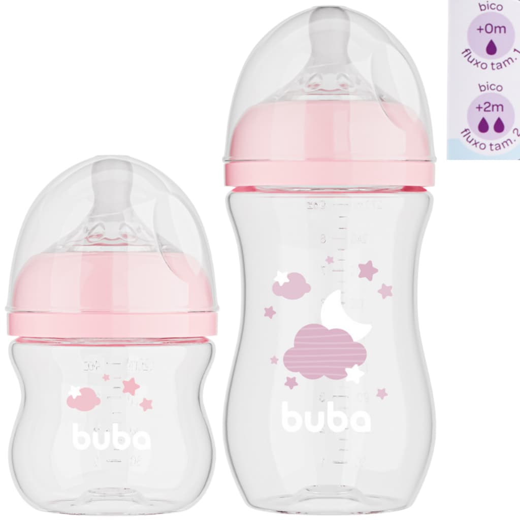 KIT 2 Mamadeiras Anticólica Buba Easy Flow Nuvem 120ml e 270ml Cor Rosa