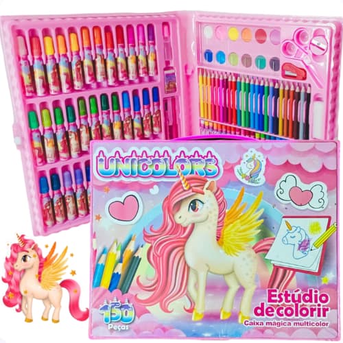 Kit Maleta Unicórnio Dinossauro 150 Peças Infantil Estúdio de Pintura Completo