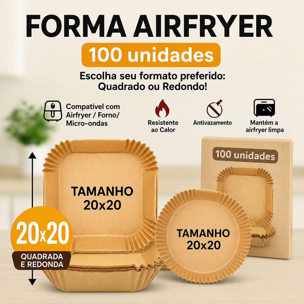 Kit 100 Forma Airfryer Quadrada Descartável Grande