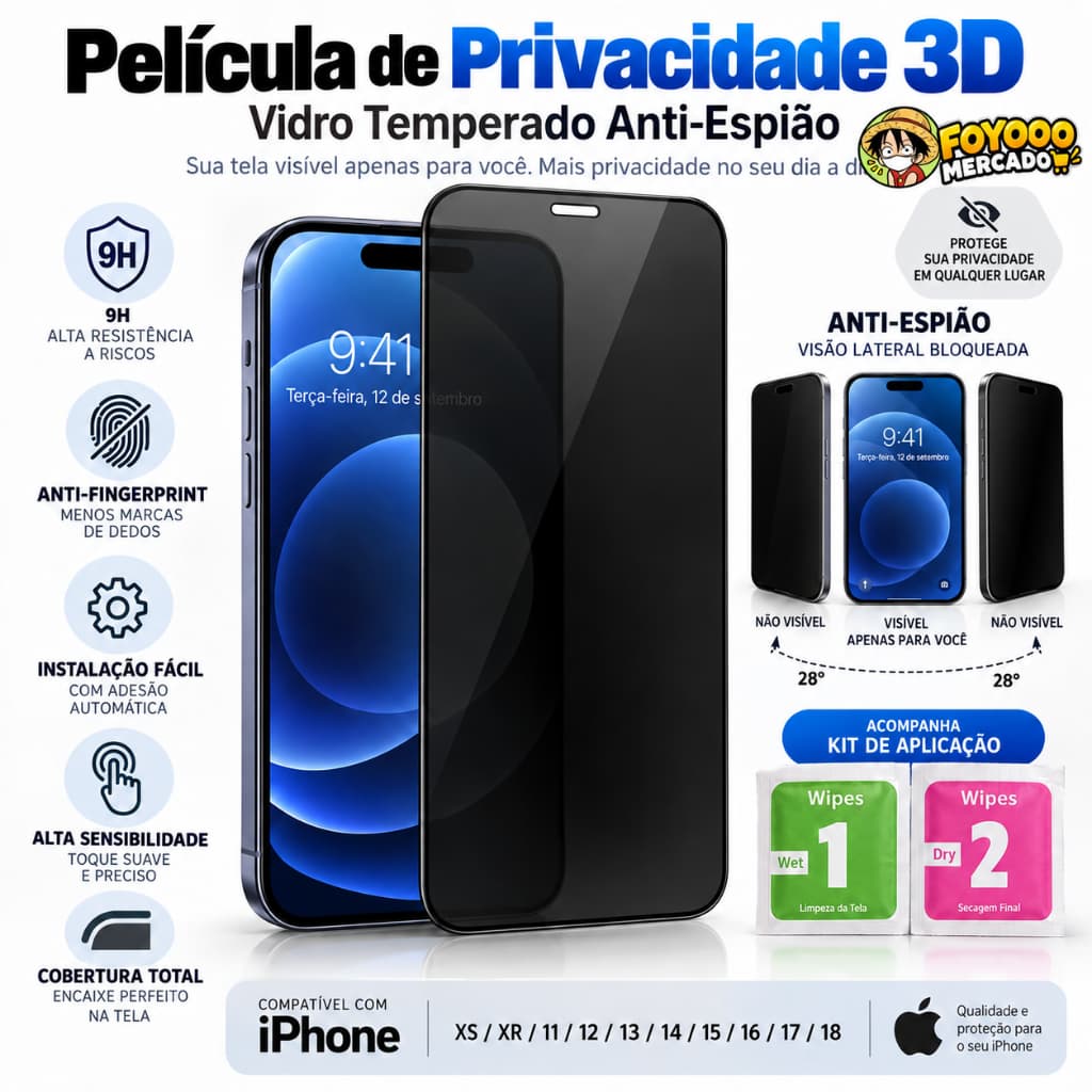 Película iPhone Privacidade 3D Vidro Temperado Anti-Espião XS XR 11 12 13 14 15 16 17 18 Pro / Pro Max / Plus