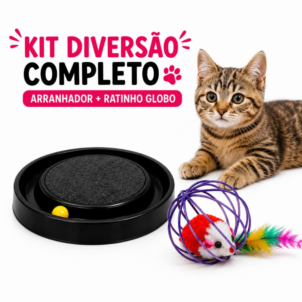 Kit Ratinho com Globo + Arranhador para Gatos Interativo 2 em 1 com Bola Pet Cat Brinquedo Felino