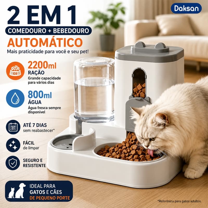 Comedouro E Bebedouro Automático 2 Em 1 Elevado Para Cães E Gatos 2200ml+800ml