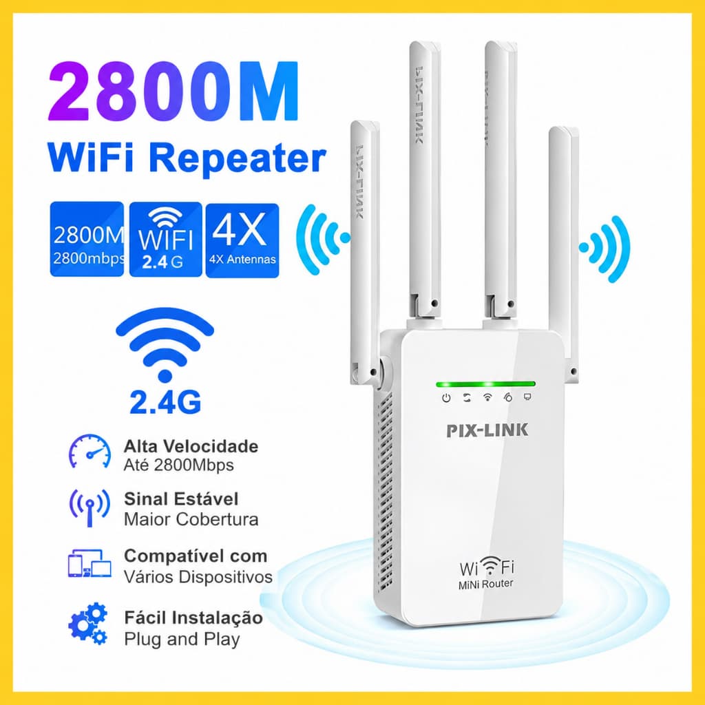 Repetidor de Sinal Wi-Fi Roteador Wireless 2.4G Sem Fio 4 Antenas Longo Alcance Potente Fácil Instalação