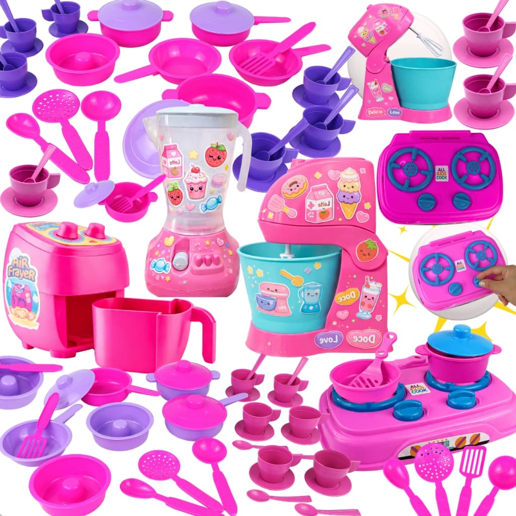 Kit Cozinha Infantil Completa com Panelinhas e Utensílios Adesivo Brinquedo Educativo Rosa