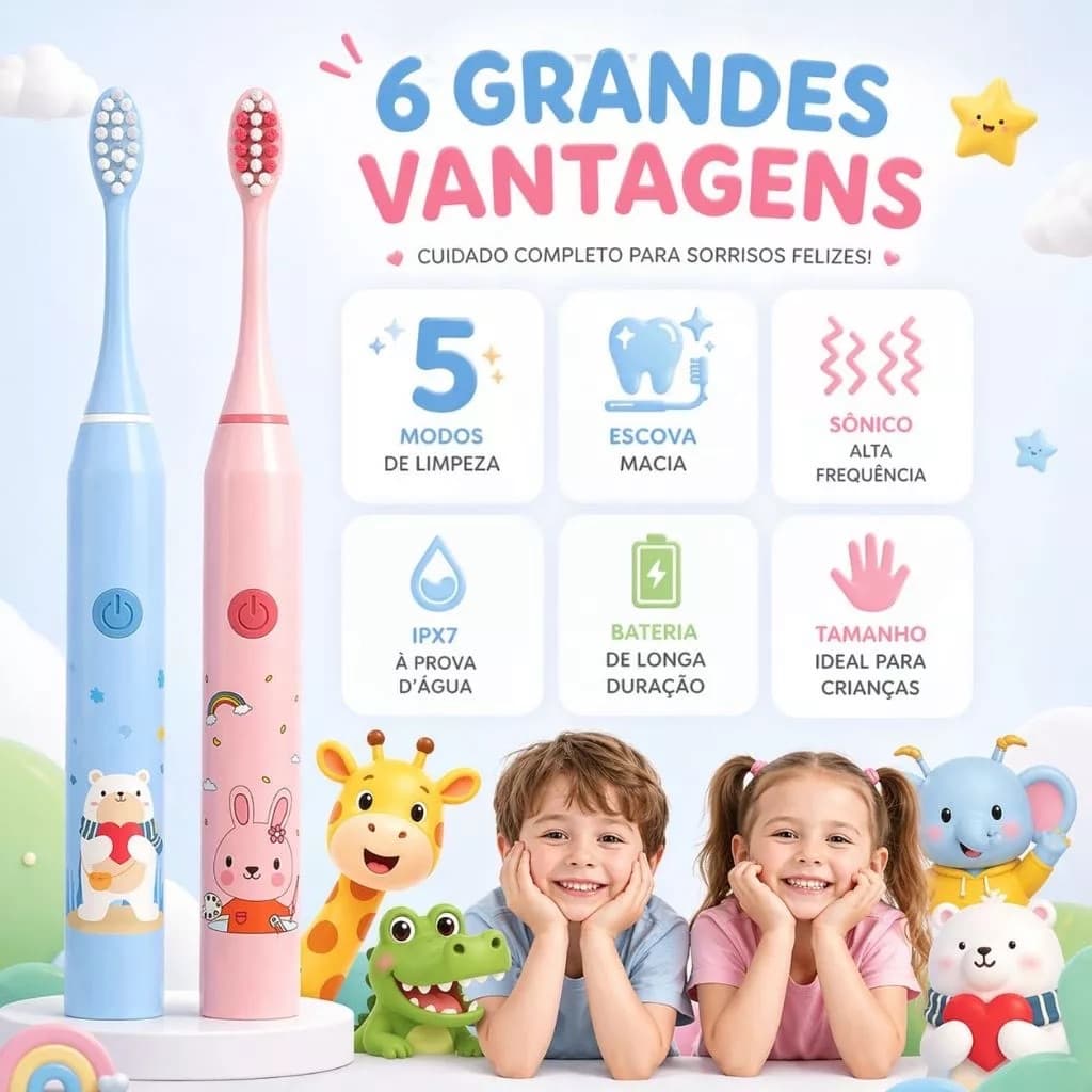 Escova de Dente Elétrica Infantil + 4 Refis Limpeza Suave Cerdas Macias à Prova D'Água Recarregável