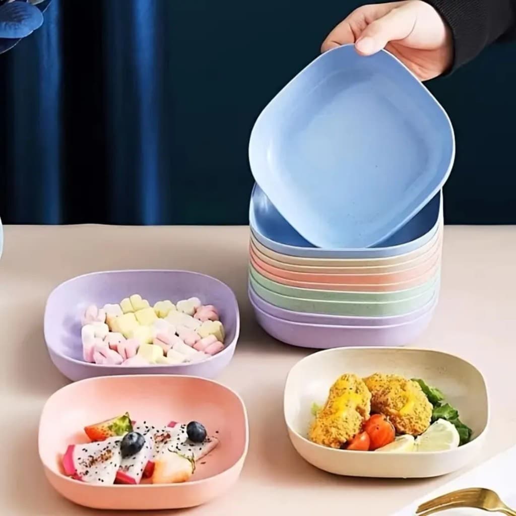 Kit 10 Pratos Plásticos Coloridos Duros Reutilizáveis Para Refeições E Lanches