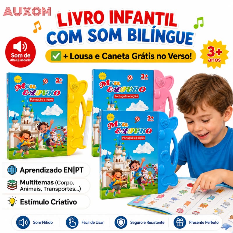 AUXOM Livro Interativo com Som Infantil Bilíngue Português Inglês Multi Temas Toque Educativo Aprendizagem