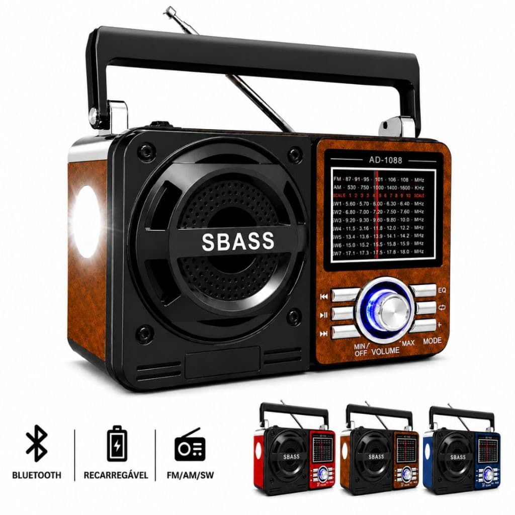 Rádio Caixa de Som Bluetooth Recarregável Lanterna Retro Portátil FM AM USB SD Pilha