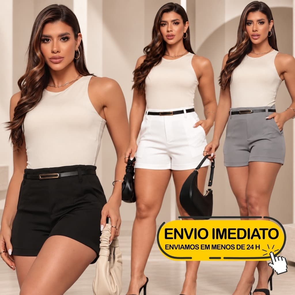 Shorts Feminino Alfaiataria com Bolsos e Cinto Elegante