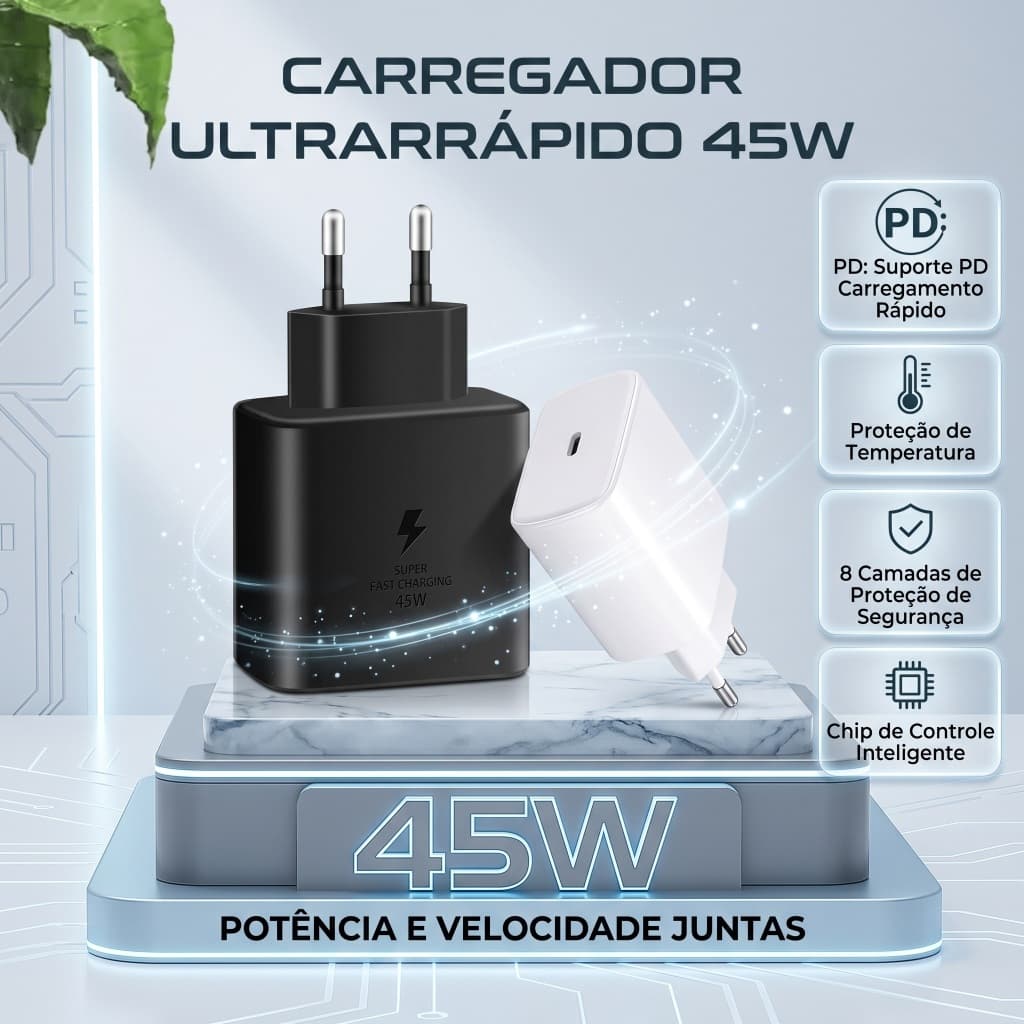 Carregador Turbo 45W USB-C Carregamento Rápido com Cabo Tipo-C 1 Metro para Android galaxy