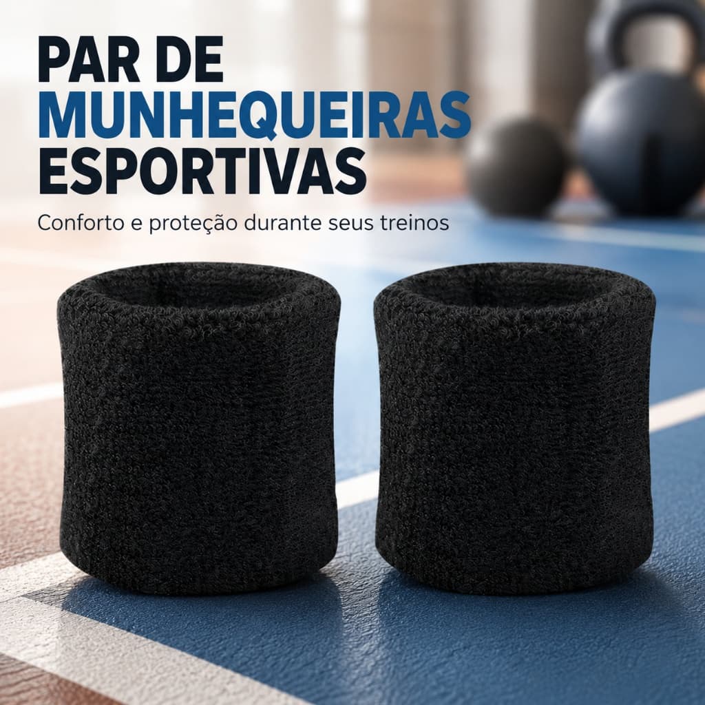 Par Munhequeiras Pulso Toalha Preta Unissex Academia Tênis Squash