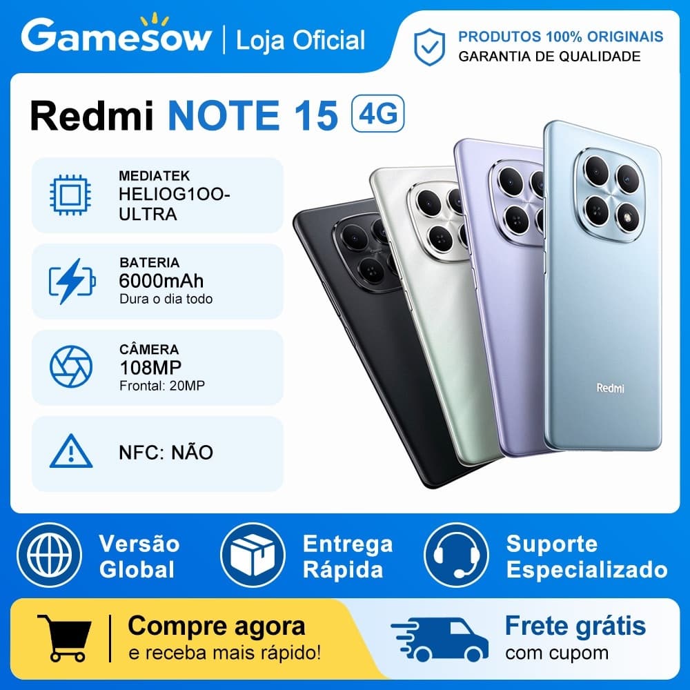 Xiaomi Redmi Note 15 4G, Processador Mediatek Hélio G100-Ultra, Bateria 6000mAh, 128/6GB RAM- 256/8GB RAM