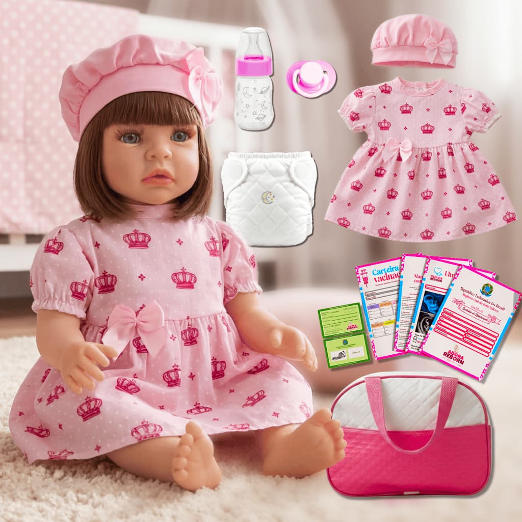 Bebê Reborn Luxo Realista de Silicone Pode Dar Banho Vestido Rosa