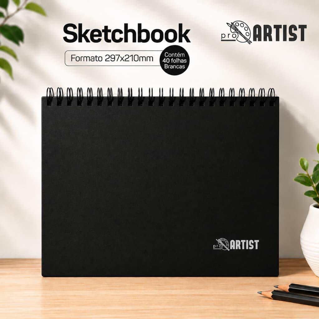 Caderno Sketchbook para desenho Capa dura Preto A4 40 folhas 150g/m²