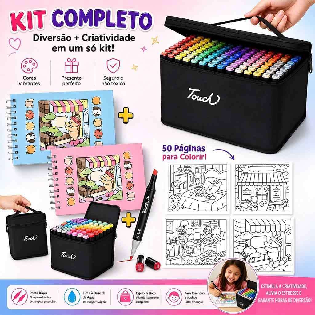 Kit Livro de Colorir A5 Capa Dura 50 Páginas, Canetas Ponta Dupla para Desenho e Arte