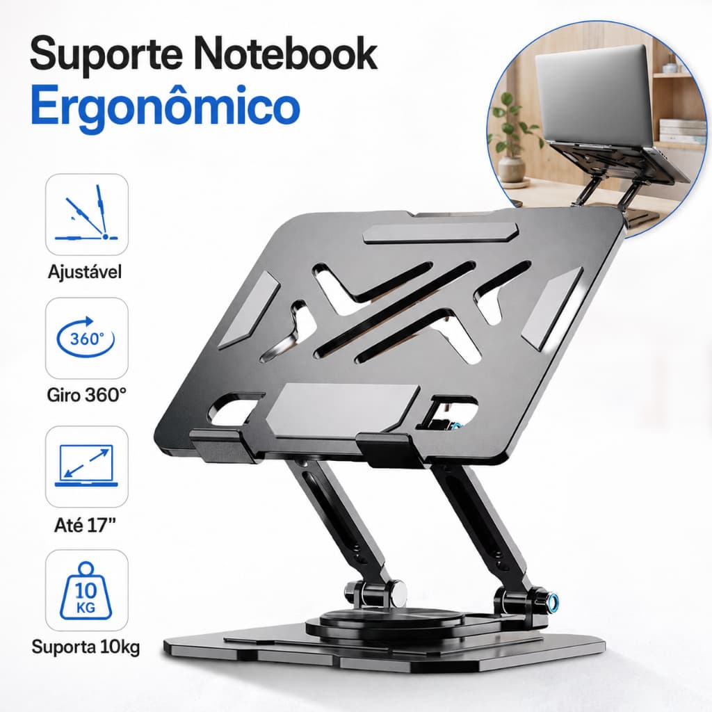 Suporte de Metal Ajustável Para Notebook 10 Ate 17" Giratória de 360°