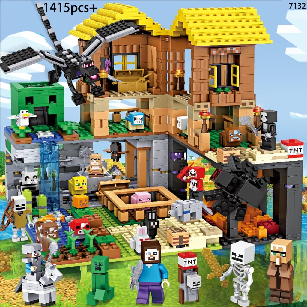 1400pcs Lego Minecraft Série Blocos de Construção Caverna Cabana Cachoeira Cavalo de Guerra Crianças DIY Montagem Cérebr