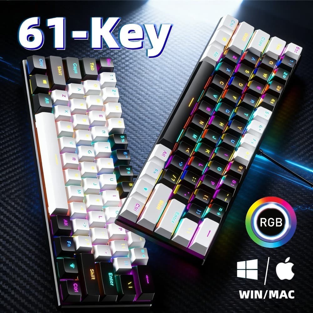 Teclado Mecânico com Fio 61 Teclas, RGB Retroiluminado, Mini Compacto, USB-C com Cabo Plugável, para Escritório e Jogos