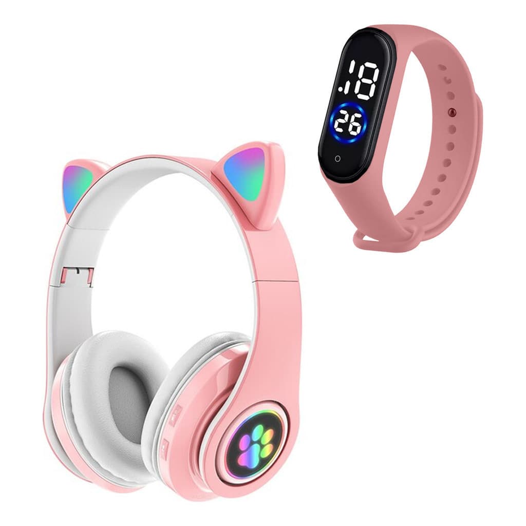 Fone Ouvido Gatinho Fone Bluetooth Crianças + Relógio Led Sport Fone Gamer sem Fio Com Led