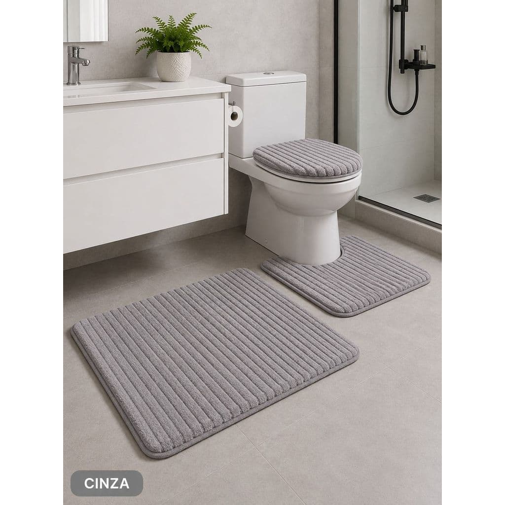 Tapete para Banheiro Canelado kit com 3 peças Antiderrapante Super Soft Peças Algodão e Pelúcia