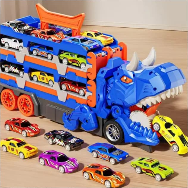 Caminhão Dinossauro 4 em 1 com pista e lancador, 6/12 carrinhos demetal