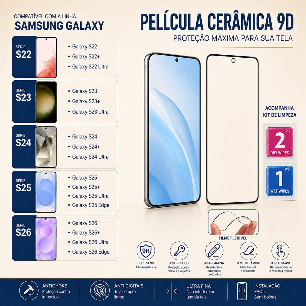 Película Cerâmica 9D para Samsung Galaxy S22 S23 Ultra S24 S25 S26 Plus Ultra Edge FE