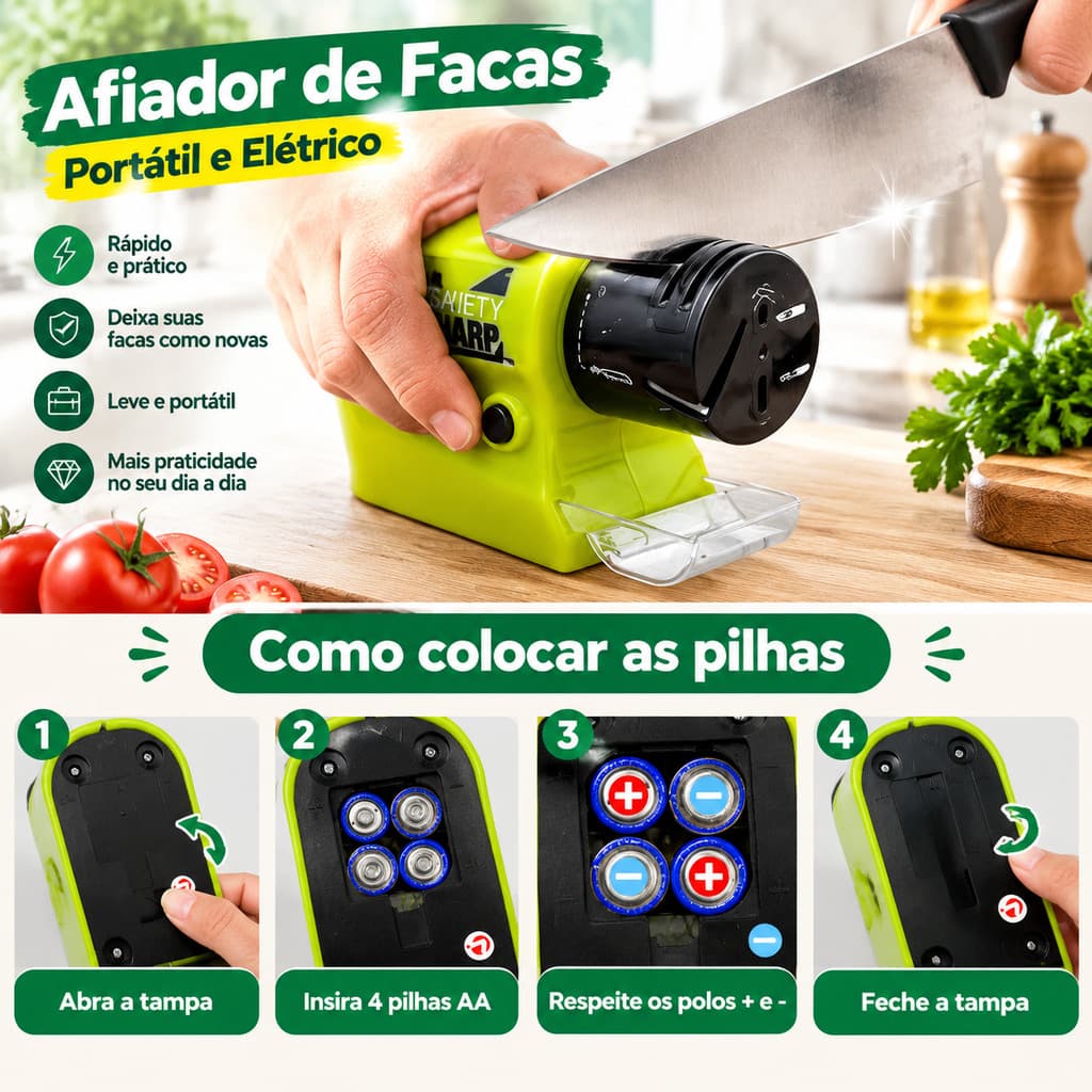 Amolador de Facas Elétrico a Pilha – Atenção à Posição das Pilhas -