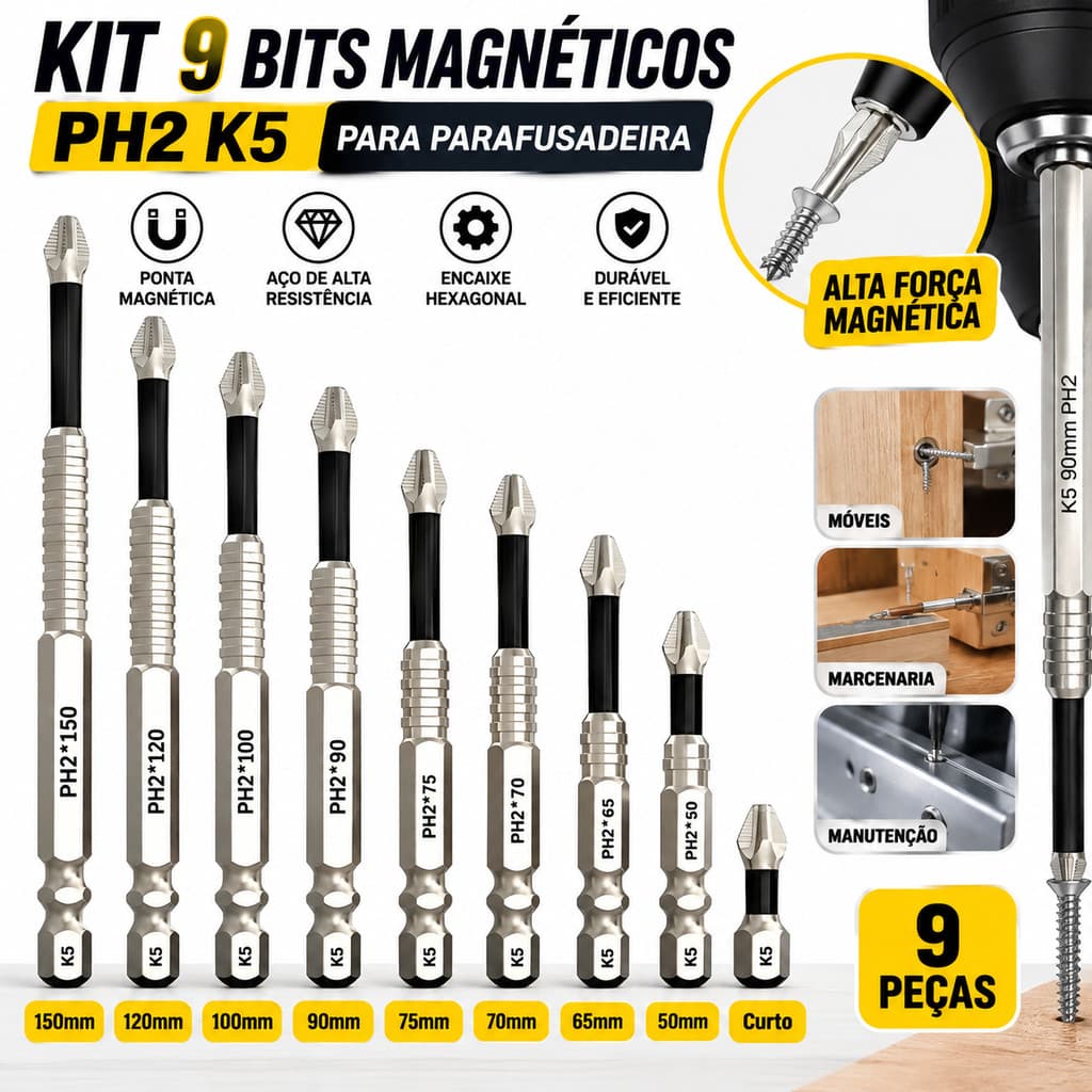 Kit 9 Bits Magnéticos PH2 K5 Para Parafusadeira resistentes a impacto