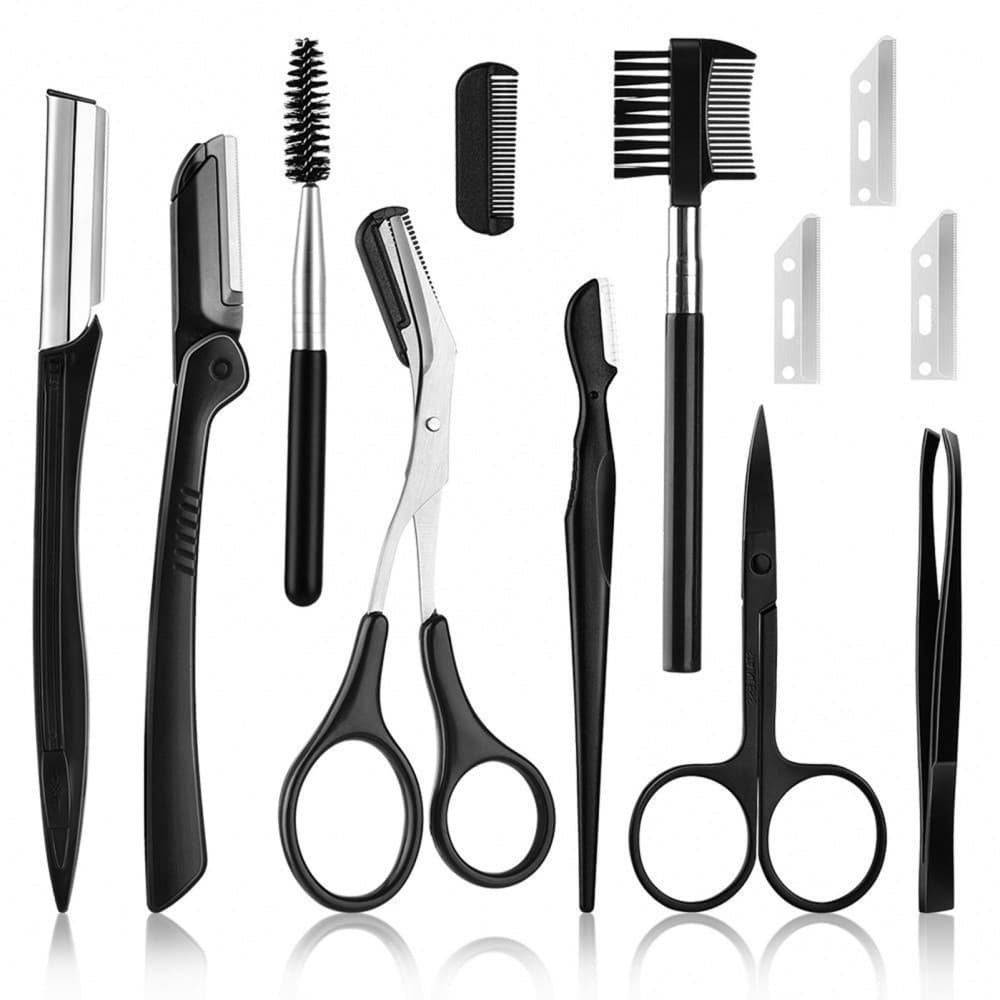 Kit de Aparador de Sobrancelha 11 Unidades Mulheres Inclui Facial Face Razors Eyebrow Escova Tesoura Pinça