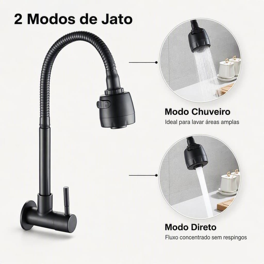 Torneira Inox Prata/Preto Com Chuveiro Com Rotação De 360° Cozinha Luxo Parede