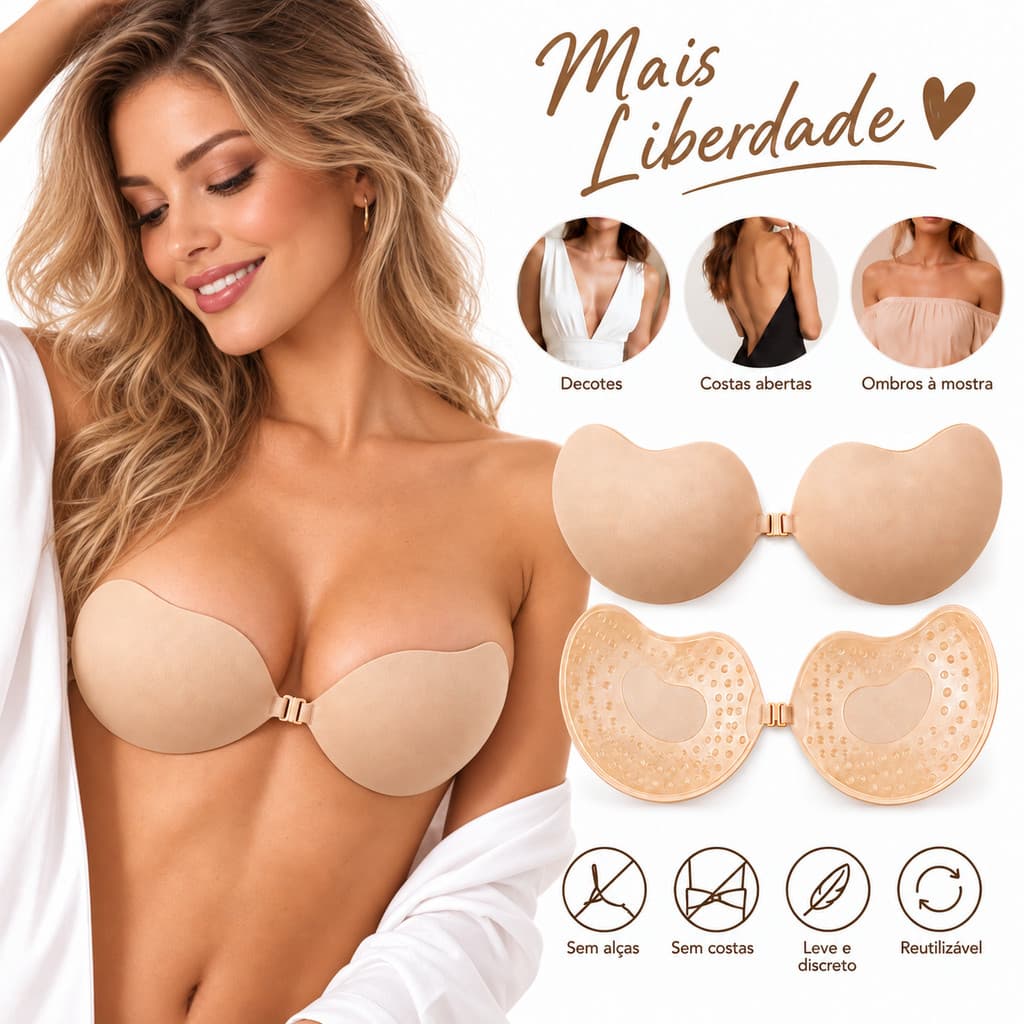 Sutiã Adesivo Sem Alça com Fecho Frontal Invisível Nude para Vestidos e Decotes
