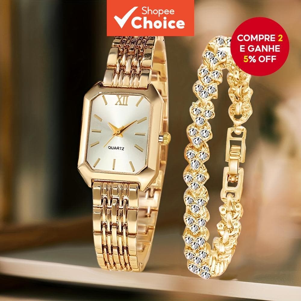 2 Pçs Feminino Retângulo Relógio De Quartzo Pulseira Conjunto Strass Moda Jóias Presente Elegante
