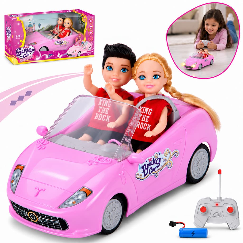 Carrinho Controle Remoto Conversível Rosa Recarregável 2 Bonecas Cinto de Segurança Escala 1:18 Menina Kizumba