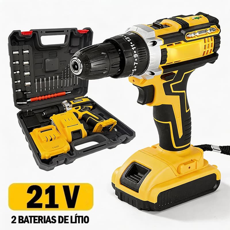 Furadeira Parafusadeira Sem Fio 21V 2 Baterias Maleta Completa Com Acessórios