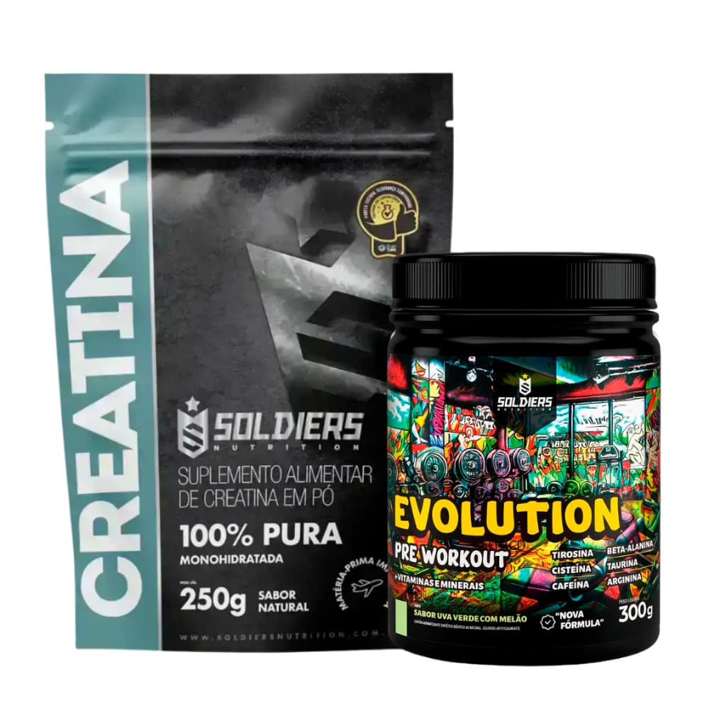 Kit Creatina Monohidratada + Pré Treino Evolution 300g Aminoácidos Essenciais - Soldiers Nutrition