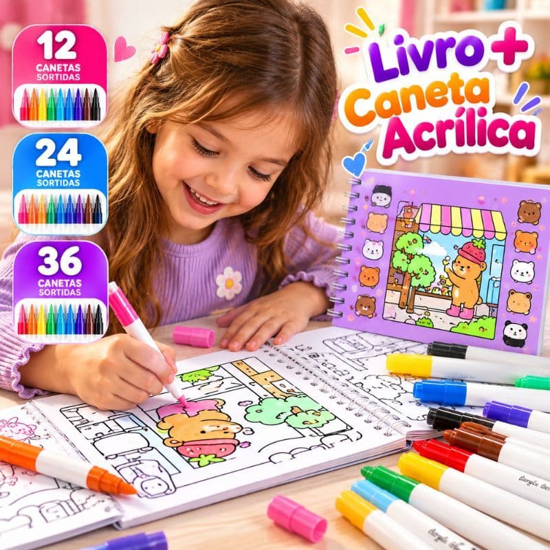Kit Livro de Colorir Booboo Goods + Canetas Ponta Dupla Ursinhos Fofos Papel 180g 50 Folhas