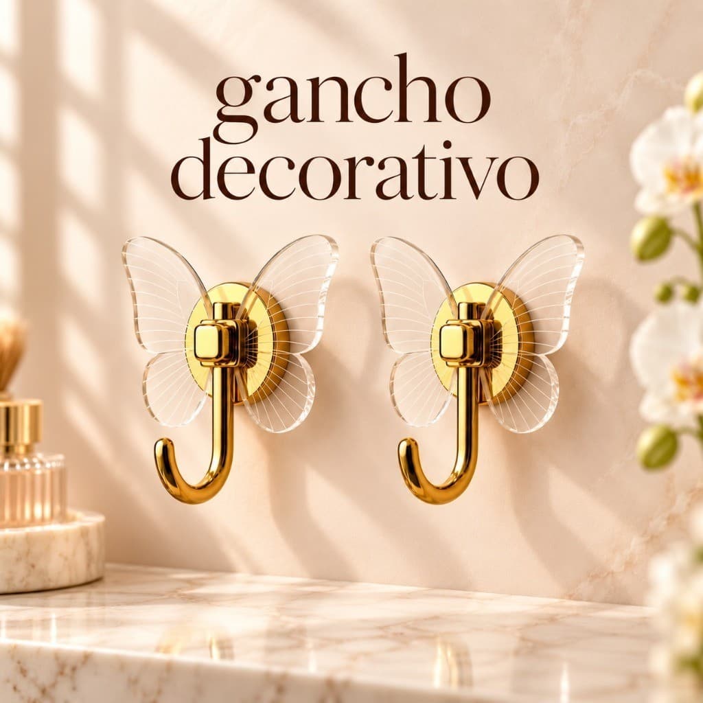 Kit Ganchos Adesivos Borboleta Multiuso Transparente Dourado