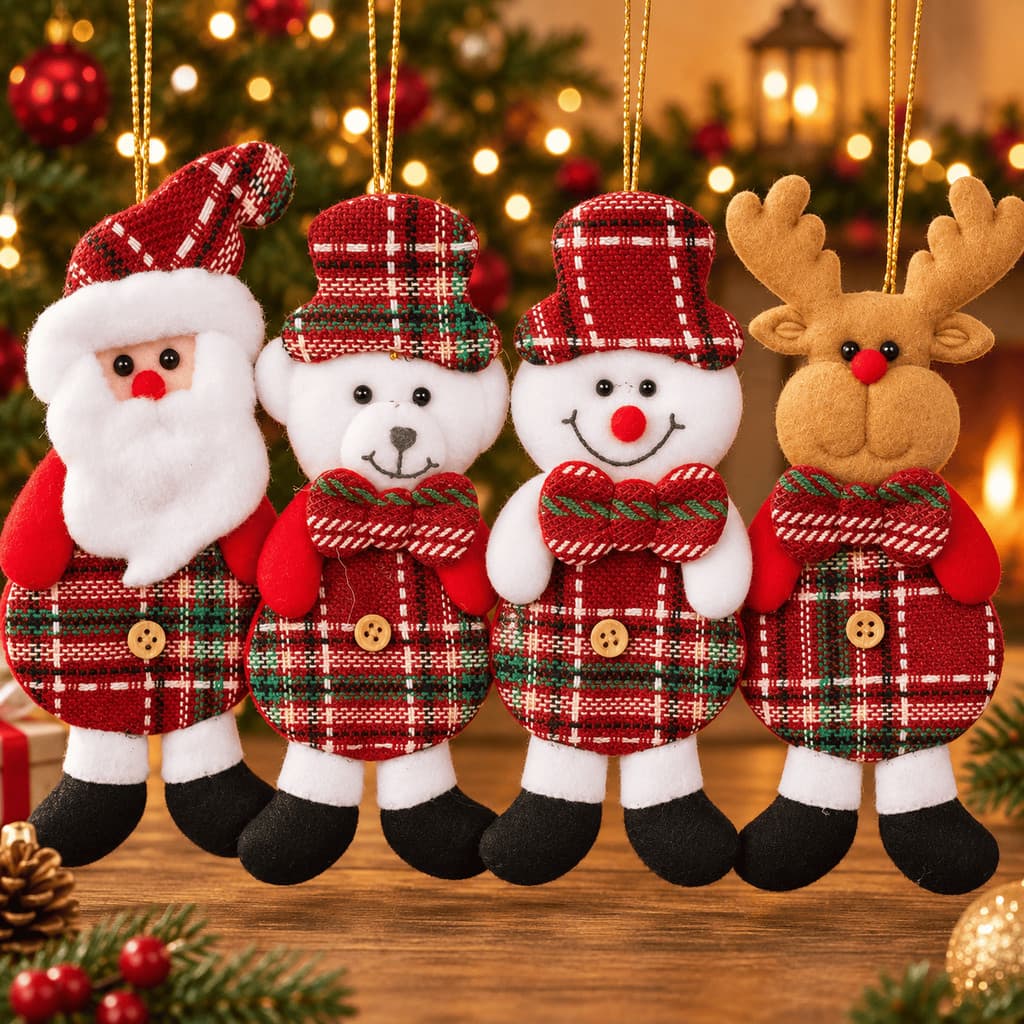 Kit 12 Enfeites Natalinos de Pelúcia 13cm para Árvore de Natal Papai Noel Alce Urso Boneco de Neve