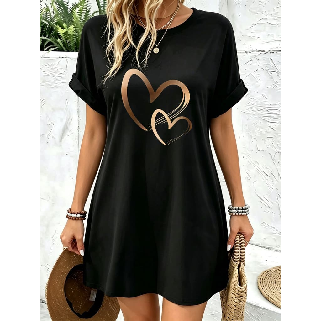 Vestido Camisetão Feminino Oversized Estampa Coração Duplo Gola Redonda Manga Curta Soltinho Lazer Passeio Verão