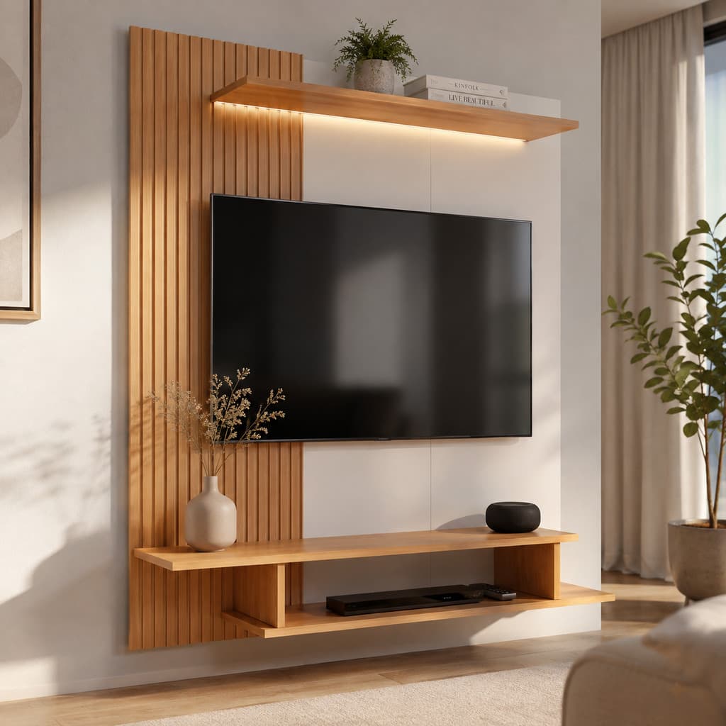 Painel Ripado para Tv até 43 Polegadas Prateleira Nicho para Quarto Moderno Decorativo